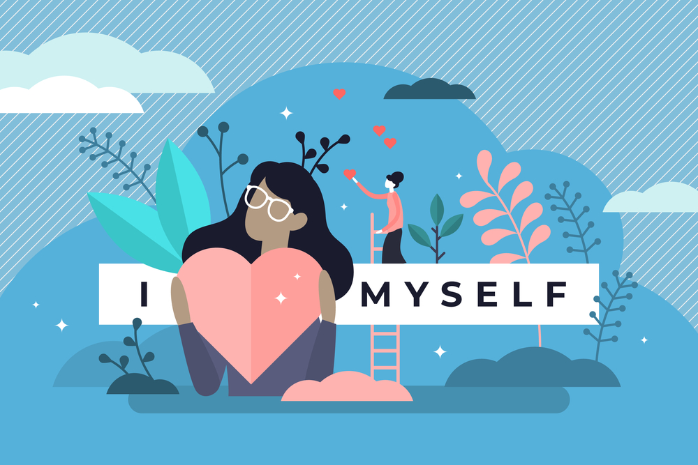 cartoon women holding a heart in front of the words “I love myself”
