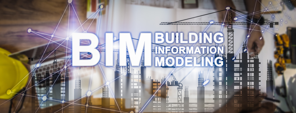 Building information modeling (BIM) in the background of a warehouse